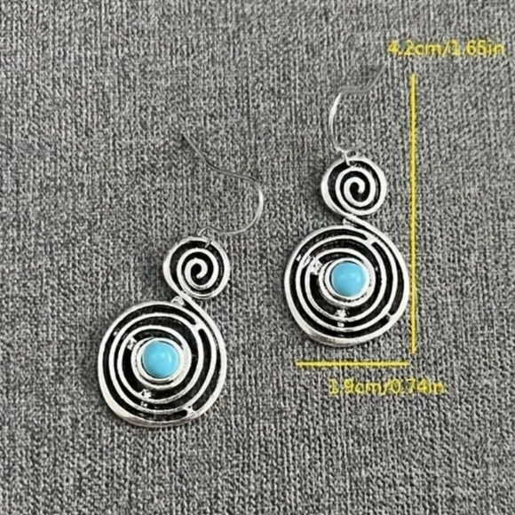 Round Spiral Pattern With Round Turquoise Inlaid Dangle Earrings - Picture 4 of 4